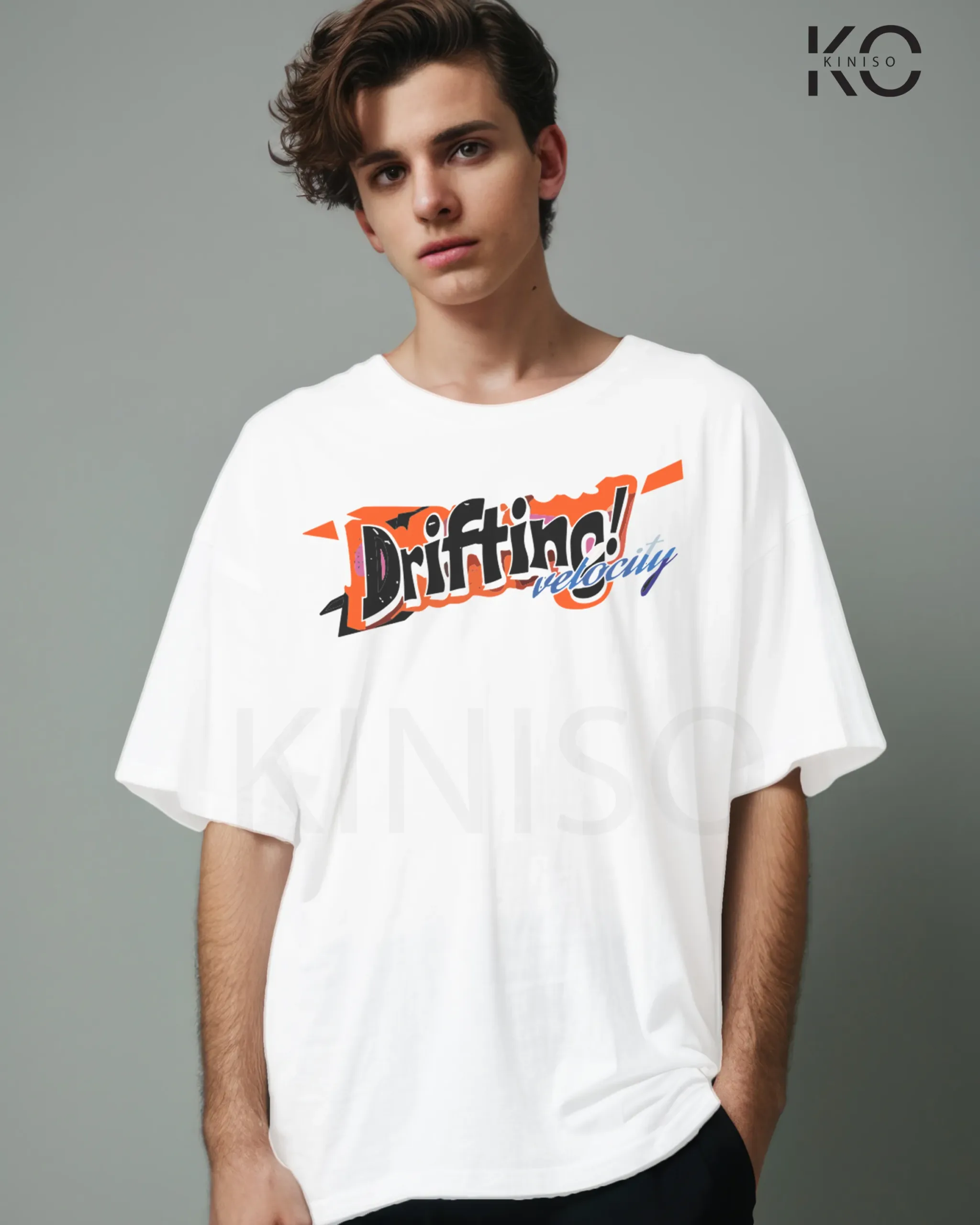 Image of White color drop shoulder t-shirt with Brooklyn Racing Drifting Print for men at reasonable price